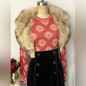 Pink Red Metallic Knit Sweater Retro Geometric Pattern Long Sleeve Holiday Top